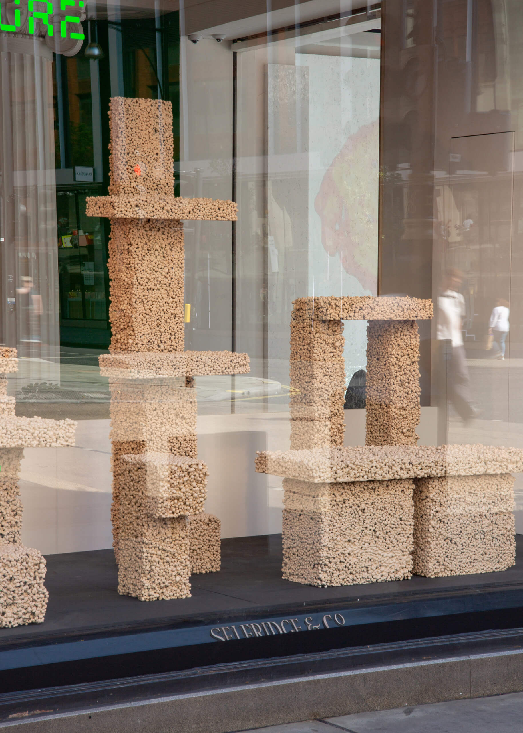 Marco Campardo,‘Reversible’ (bench, side tables, console, plinth, bookshelf), various sizes, expanded clay, sugar, 2022. Shop window installation created for 'Visions for the Future’ (SUPERFUTURES). Commissioned by Selfridges.