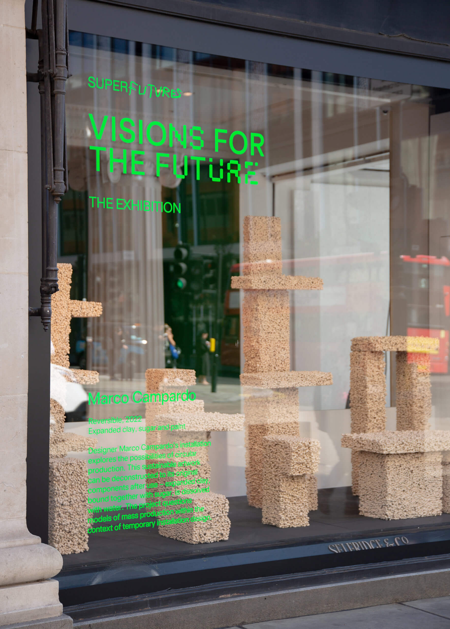 Marco Campardo,‘Reversible’ (bench, side tables, console, plinth, bookshelf), various sizes, expanded clay, sugar, 2022. Shop window installation created for 'Visions for the Future’ (SUPERFUTURES). Commissioned by Selfridges.